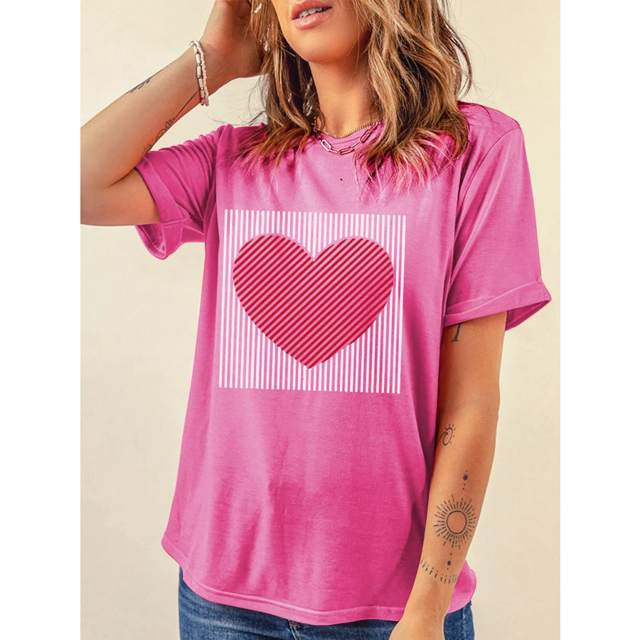 Contrast Striped Heart Printed Valentines Day T Shirt Apparel and Accessories