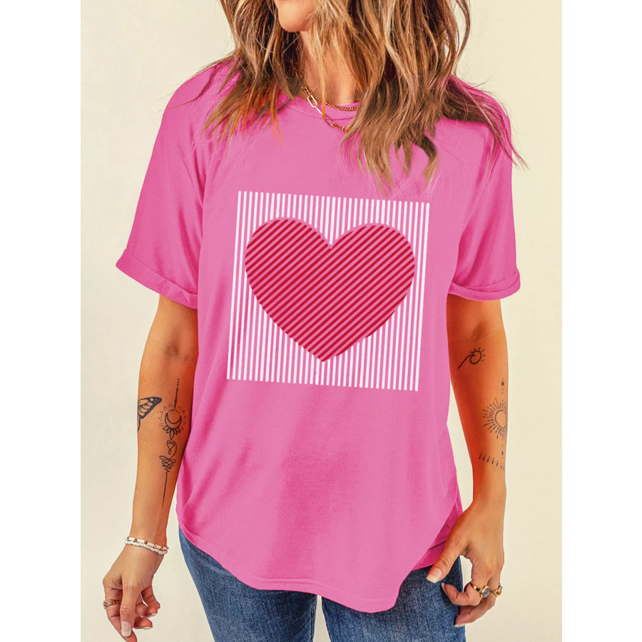 Contrast Striped Heart Printed Valentines Day T Shirt Fuchsia Pink / S Apparel and Accessories
