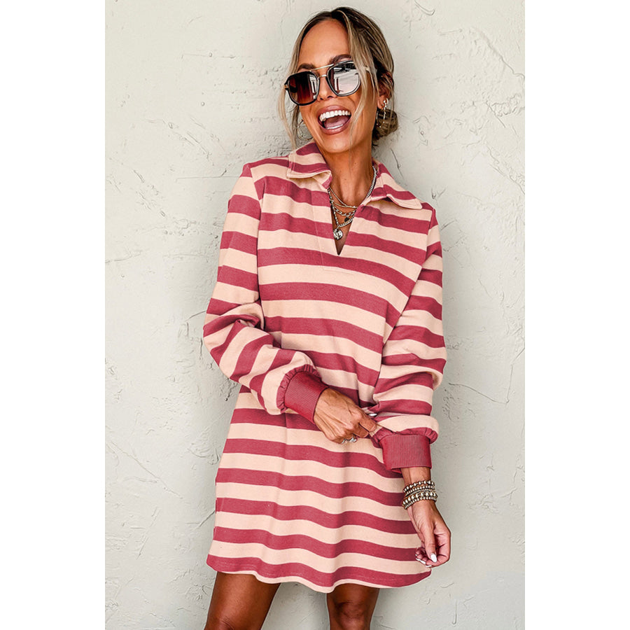 Contrast Striped Johnny Collar Long Sleeve Mini Dress Apparel and Accessories