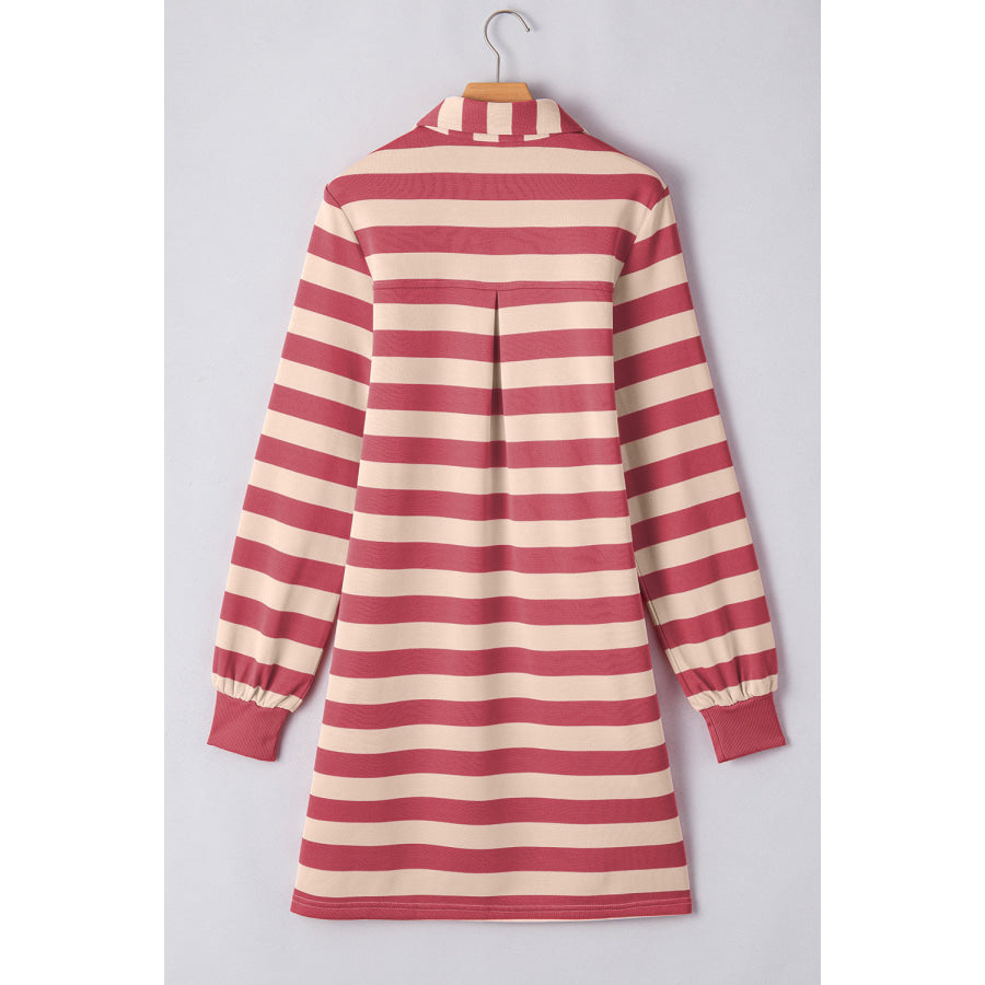 Contrast Striped Johnny Collar Long Sleeve Mini Dress Apparel and Accessories