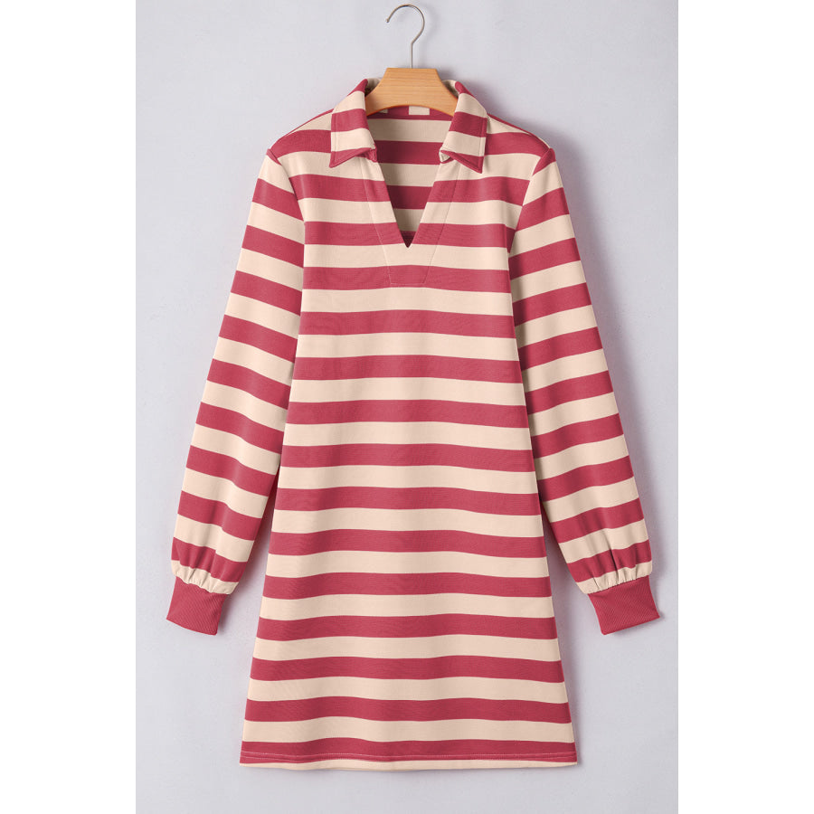 Contrast Striped Johnny Collar Long Sleeve Mini Dress Apparel and Accessories