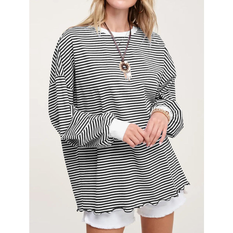 Contrast Striped Long Sleeve Sweatshirt Black / S Apparel and Accessories