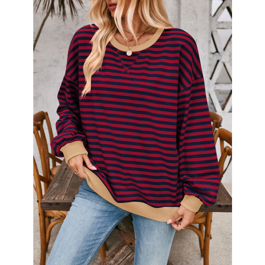 Contrast Striped Long Sleeve Sweatshirt Burgundy / L Apparel and Accessories