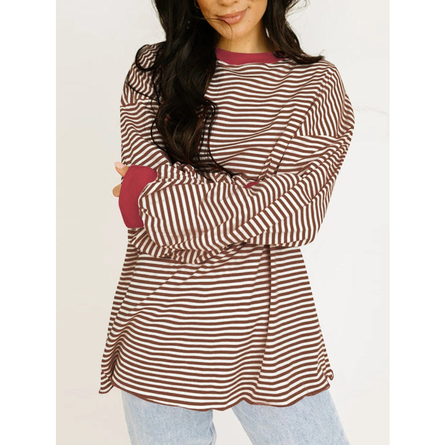 Contrast Striped Long Sleeve Sweatshirt Burgundy / S Apparel and Accessories