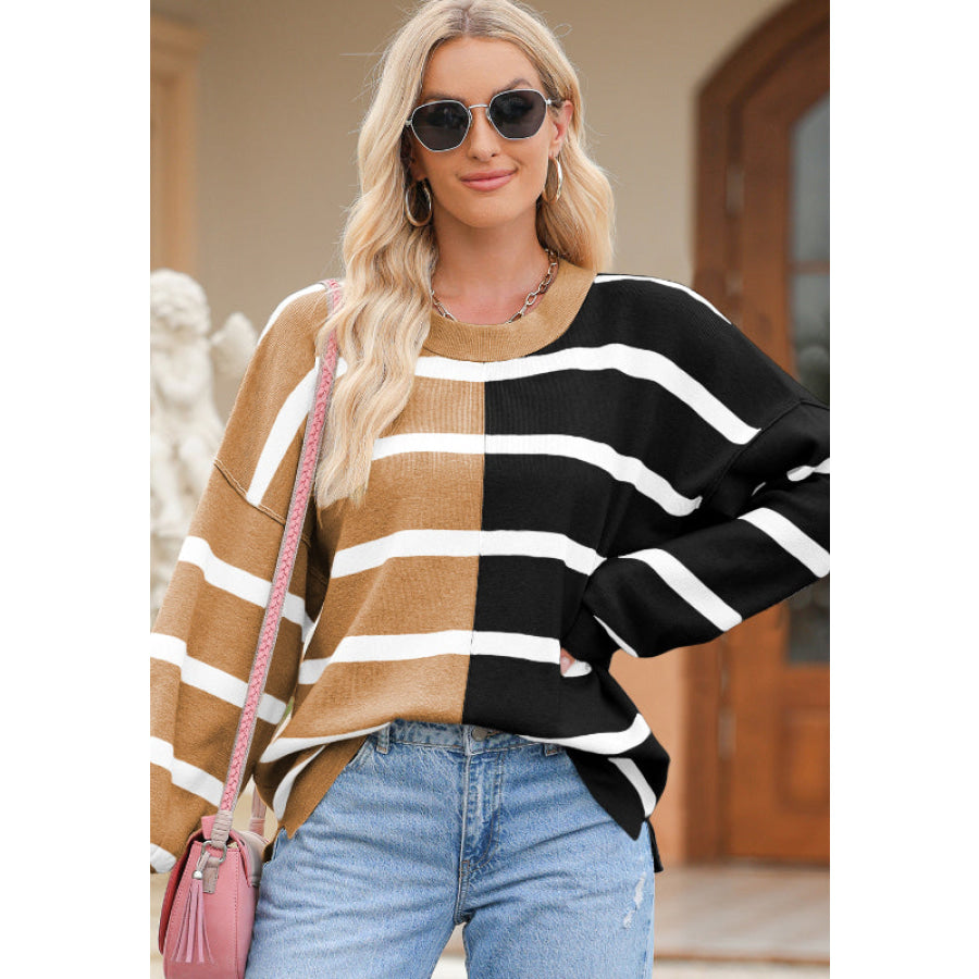 Contrast Striped Long Sleeve Sweatshirt Camel / S Apparel and Accessories