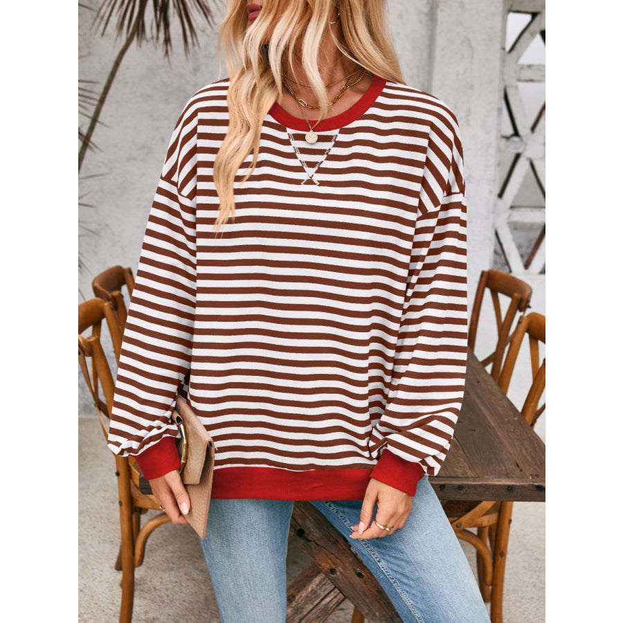 Contrast Striped Long Sleeve Sweatshirt Dark Brown / L Apparel and Accessories