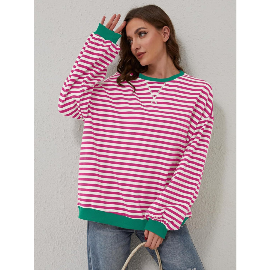 Contrast Striped Long Sleeve Sweatshirt Deep Rose / S Apparel and Accessories