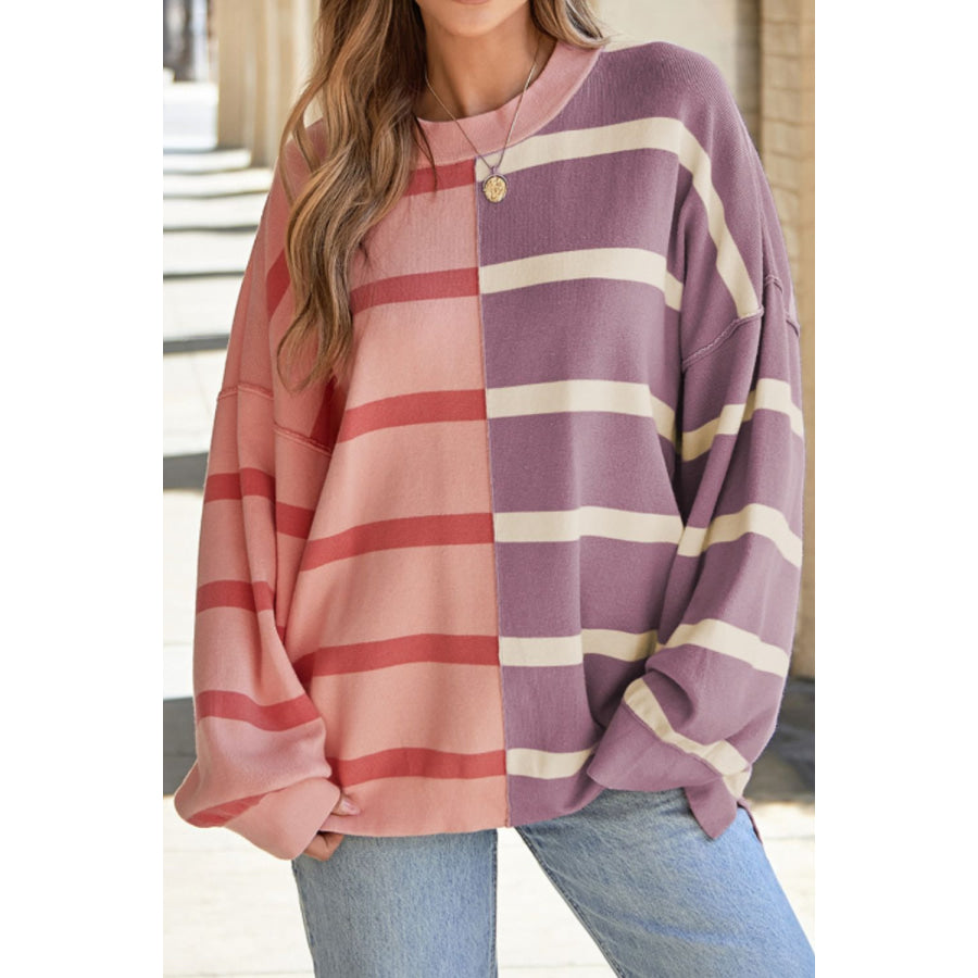 Contrast Striped Long Sleeve Sweatshirt Dusty Pink / S Apparel and Accessories