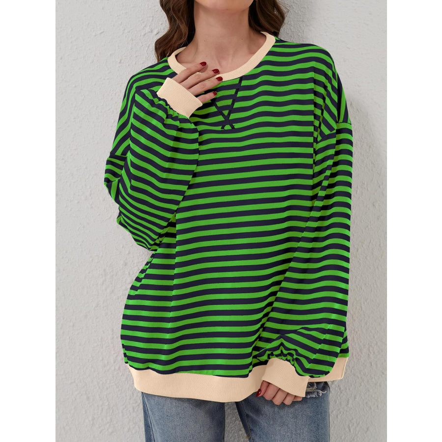 Contrast Striped Long Sleeve Sweatshirt Green / S Apparel and Accessories