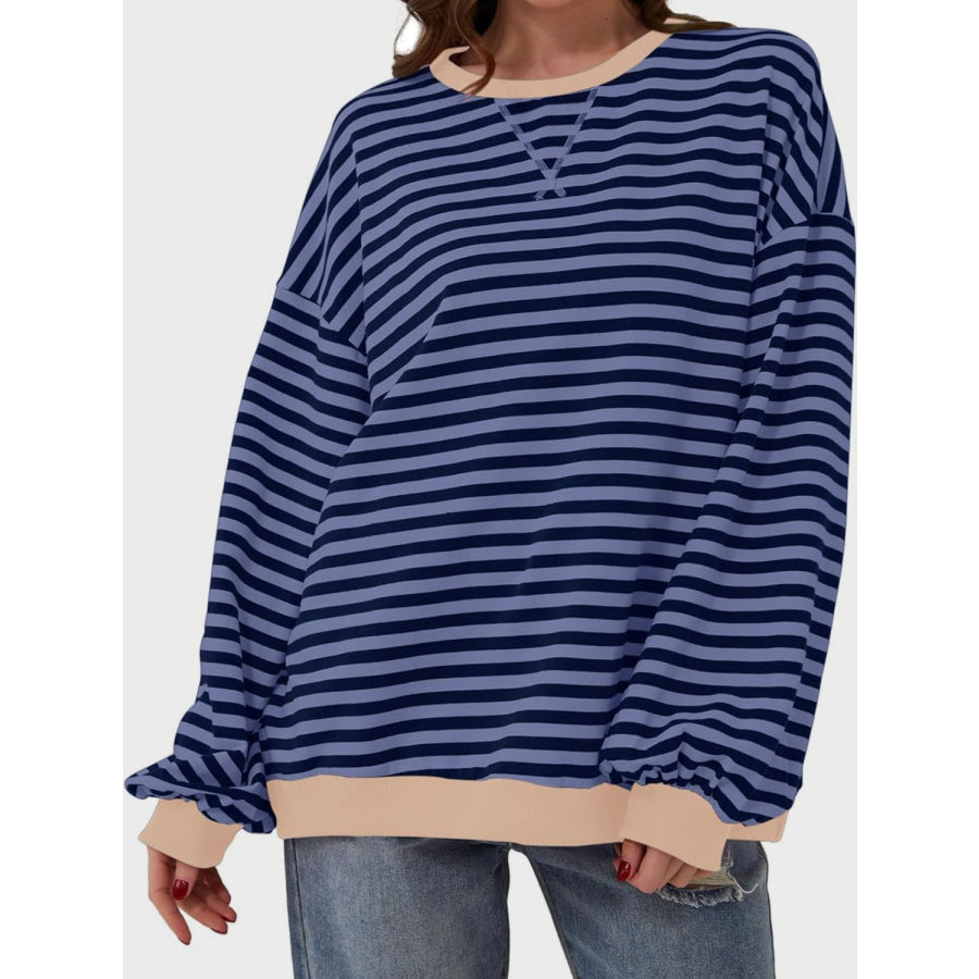 Contrast Striped Long Sleeve Sweatshirt Navy / S Apparel and Accessories