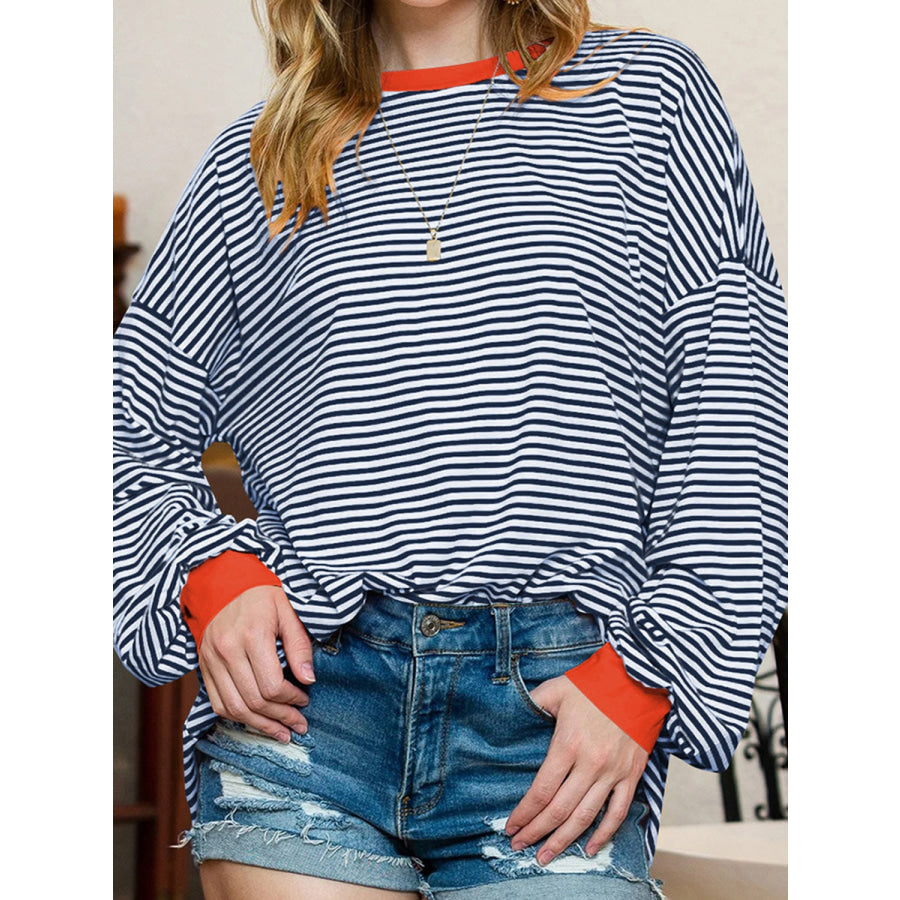 Contrast Striped Long Sleeve Sweatshirt Navy / S Apparel and Accessories