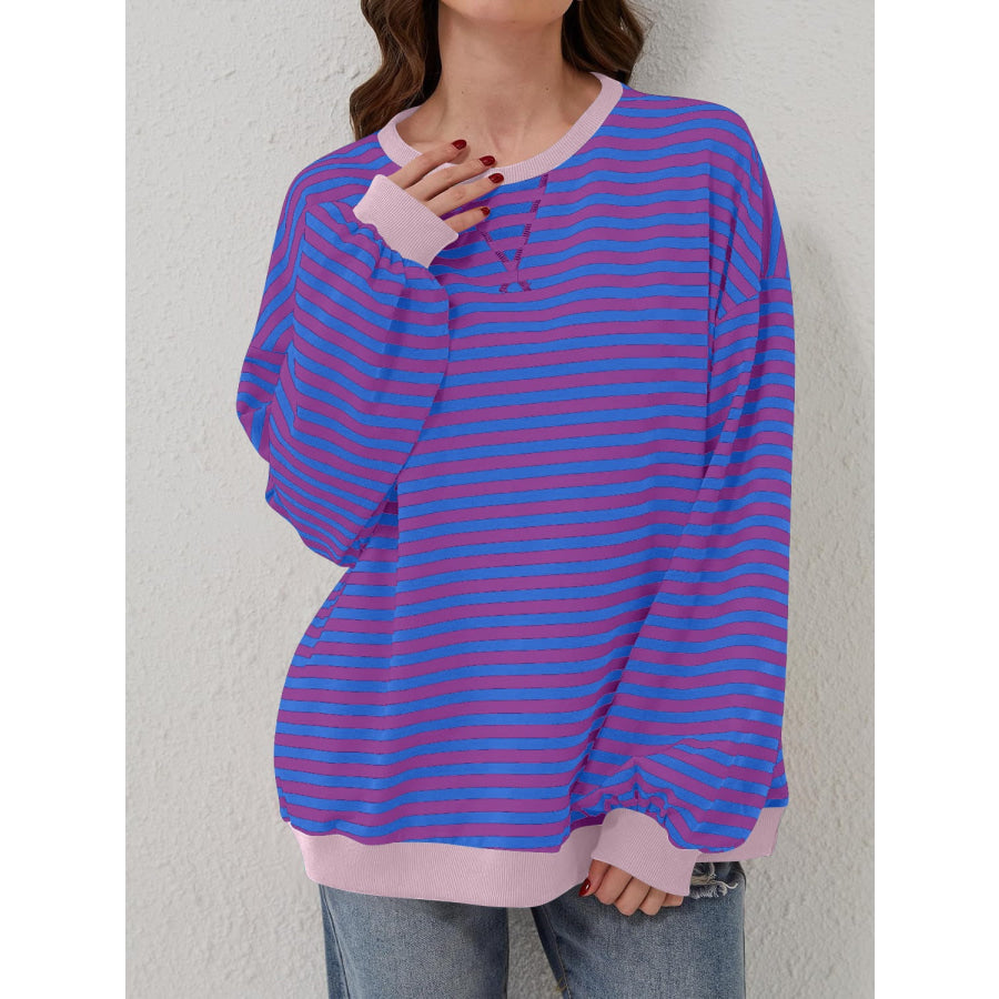 Contrast Striped Long Sleeve Sweatshirt Purple / S Apparel and Accessories