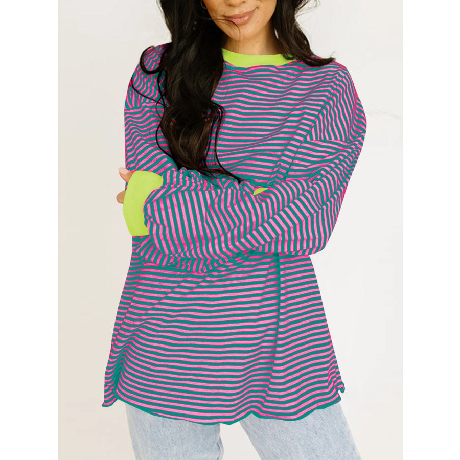 Contrast Striped Long Sleeve Sweatshirt Red-Violet / S Apparel and Accessories