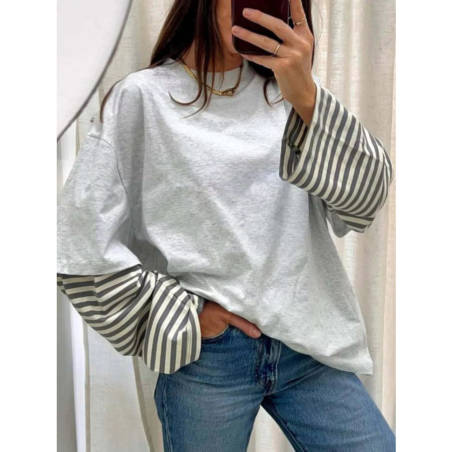Contrast Striped Long Sleeves T-Shirt Light Gray / S Apparel and Accessories