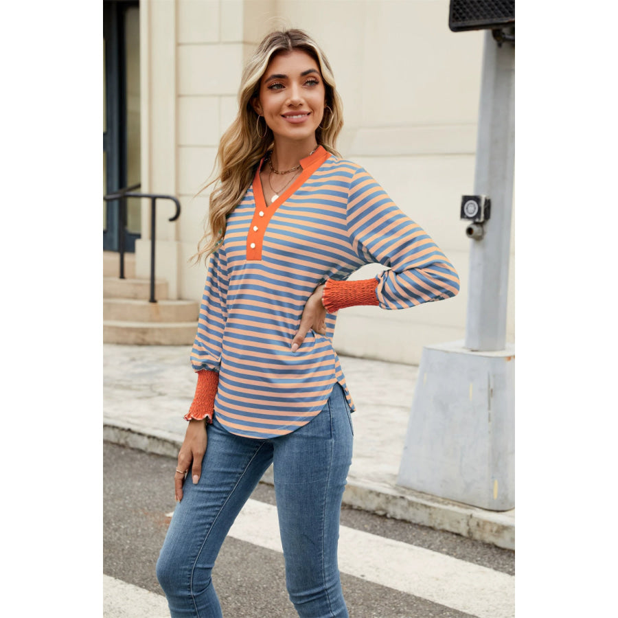 Contrast Striped Notched Long Sleeve Top Orange / S Apparel and Accessories