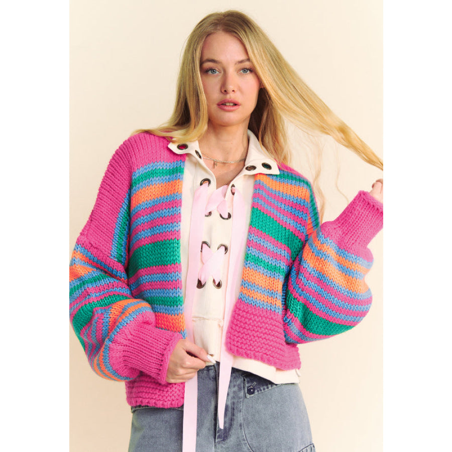 Contrast Striped Open Front Long Sleeve Cardigan Pink / S Apparel and Accessories