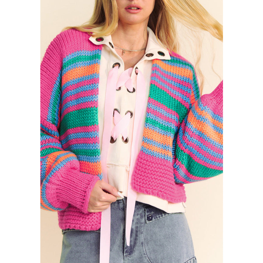 Contrast Striped Open Front Long Sleeve Cardigan Pink / S Apparel and Accessories