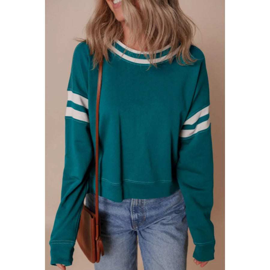 Contrast Striped Patchwork Round Neck Drop Shoulder Sweatshirt French Blue / S Apparel and Accessories