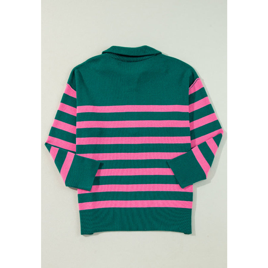 Contrast Striped Quarter Zip Long Sleeve Sweater Apparel and Accessories