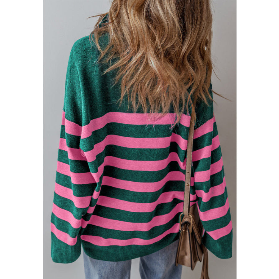 Contrast Striped Quarter Zip Long Sleeve Sweater Apparel and Accessories