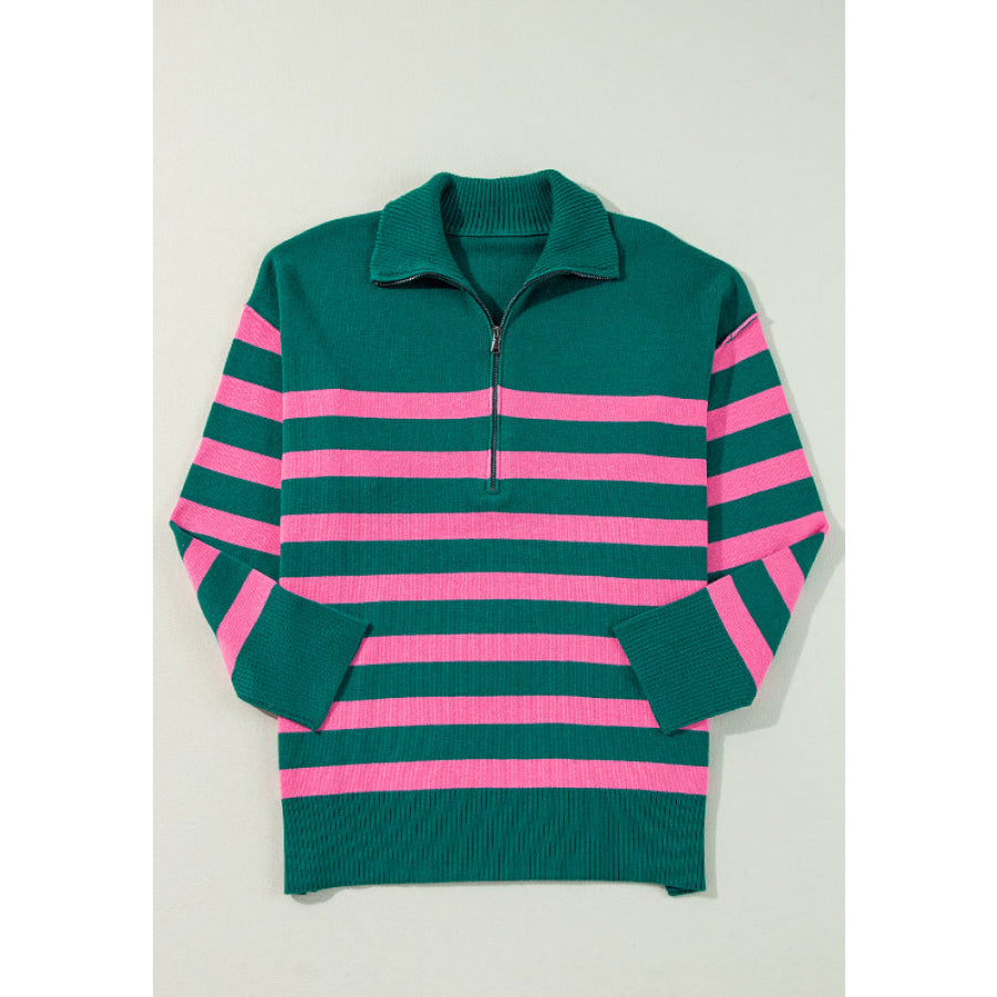 Contrast Striped Quarter Zip Long Sleeve Sweater Apparel and Accessories