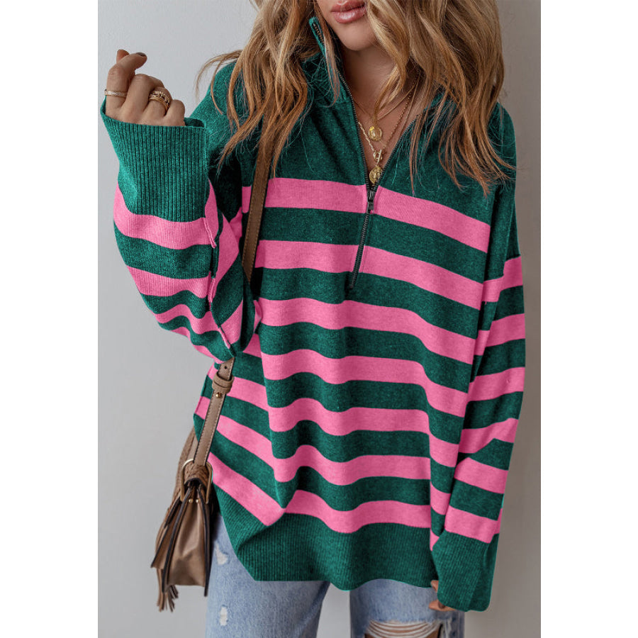 Contrast Striped Quarter Zip Long Sleeve Sweater Dark Green / S Apparel and Accessories