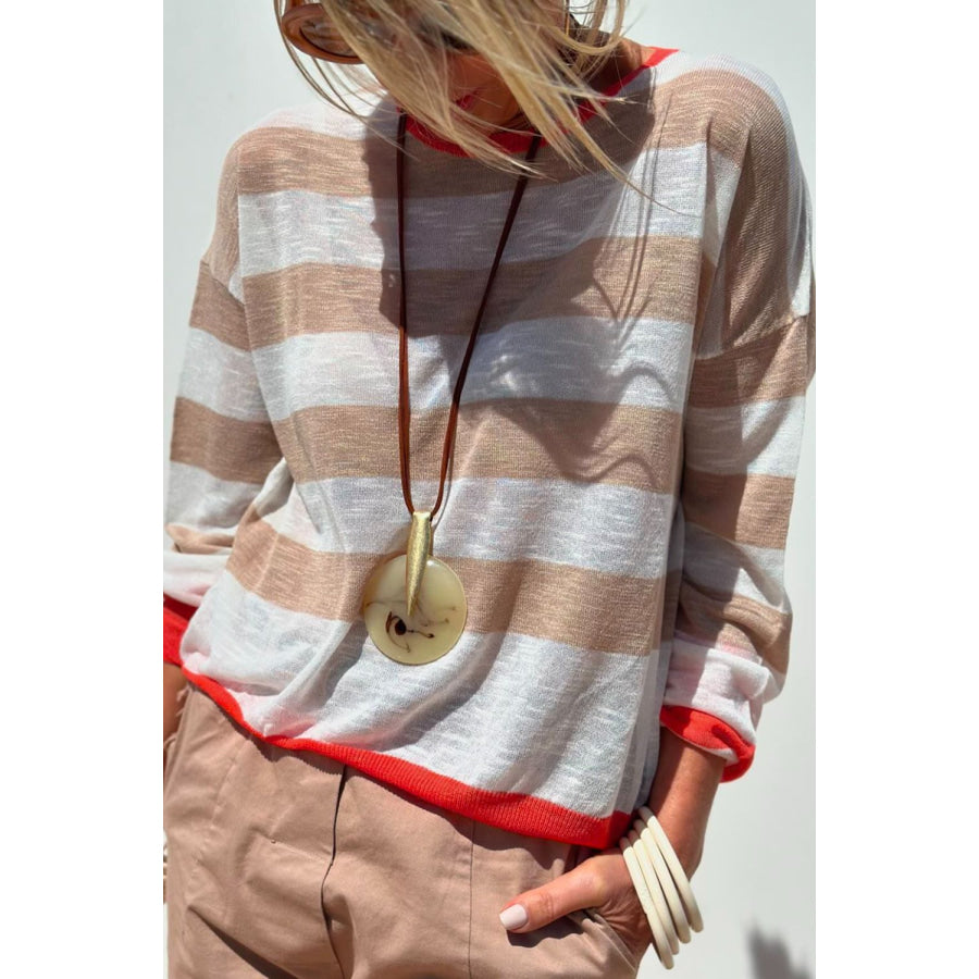 Contrast Striped Round Neck Drop Shoulder Knit Top Apparel and Accessories