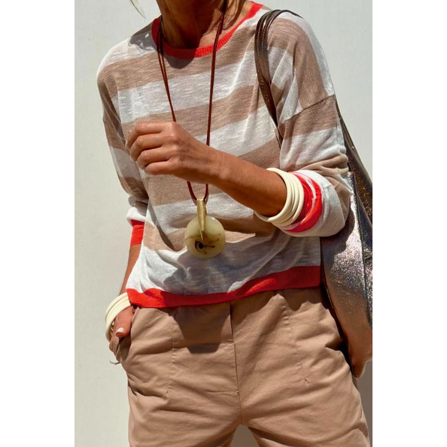 Contrast Striped Round Neck Drop Shoulder Knit Top Apparel and Accessories