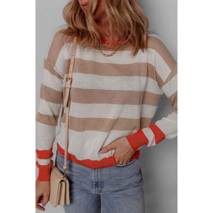 Contrast Striped Round Neck Drop Shoulder Knit Top Apparel and Accessories
