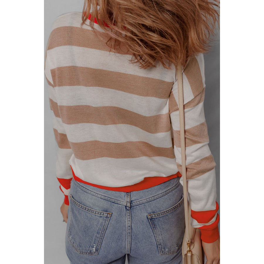 Contrast Striped Round Neck Drop Shoulder Knit Top Apparel and Accessories