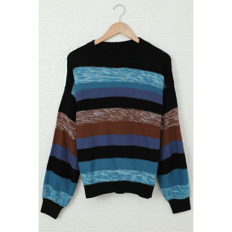 Contrast Striped Round Neck Drop Shoulder Sweater Apparel and Accessories