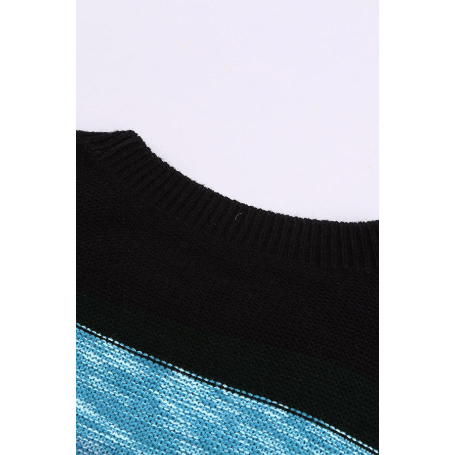 Contrast Striped Round Neck Drop Shoulder Sweater Apparel and Accessories