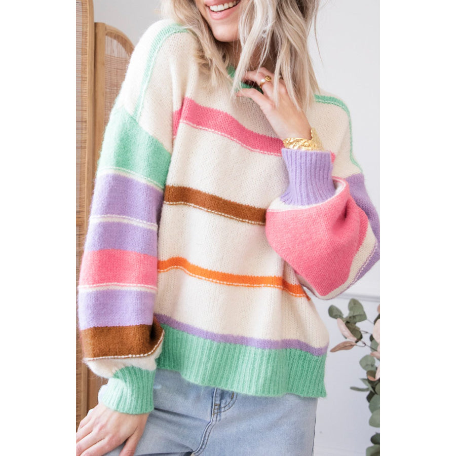 Contrast Striped Round Neck Drop Shoulder Sweater Apparel and Accessories