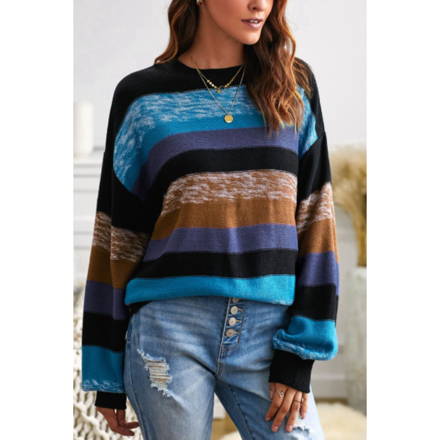 Contrast Striped Round Neck Drop Shoulder Sweater Apparel and Accessories