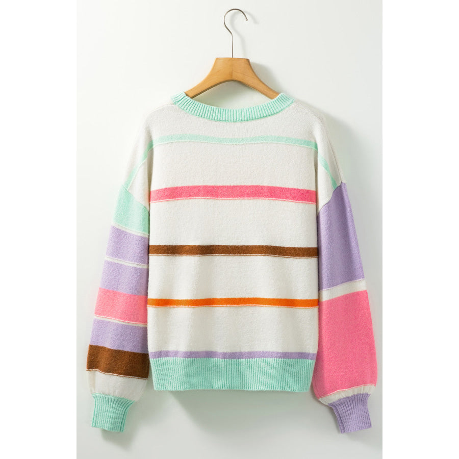 Contrast Striped Round Neck Drop Shoulder Sweater Apparel and Accessories