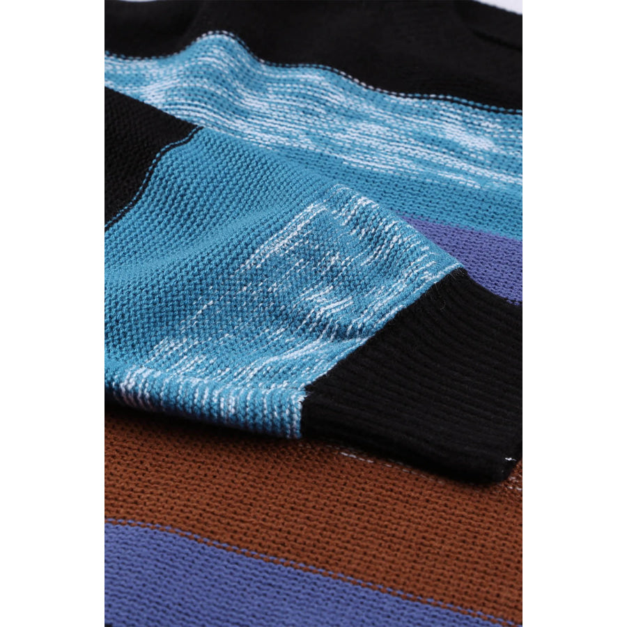 Contrast Striped Round Neck Drop Shoulder Sweater Apparel and Accessories