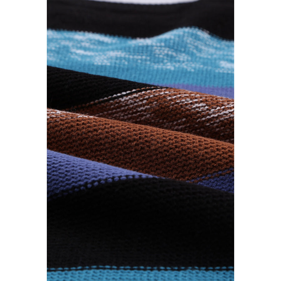 Contrast Striped Round Neck Drop Shoulder Sweater Apparel and Accessories