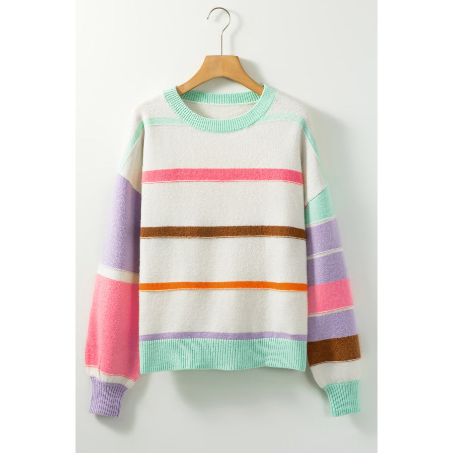 Contrast Striped Round Neck Drop Shoulder Sweater Apparel and Accessories