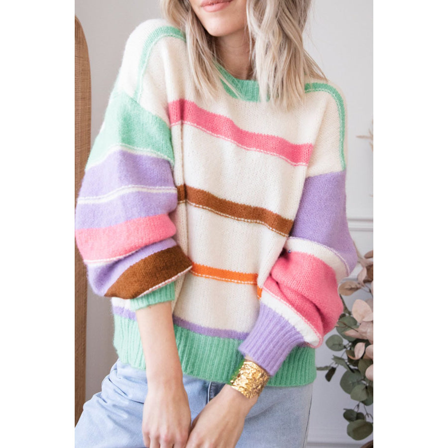 Contrast Striped Round Neck Drop Shoulder Sweater Stripe / S Apparel and Accessories