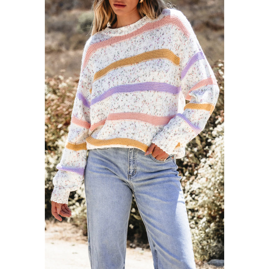 Contrast Striped Round Neck Dropped Shoulder Sweater Apparel and Accessories