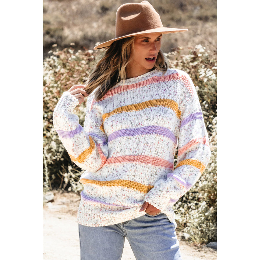 Contrast Striped Round Neck Dropped Shoulder Sweater Apparel and Accessories