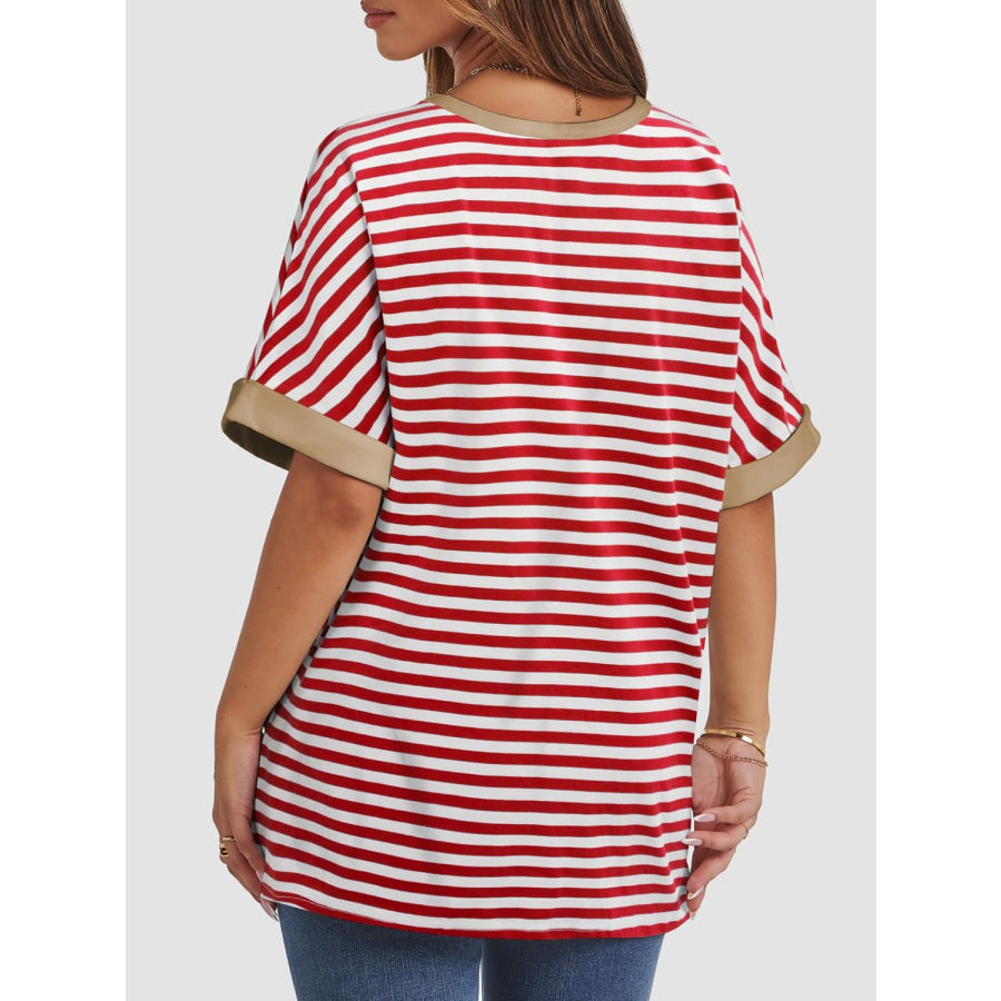 Contrast Striped Round Neck Half Sleeve T-Shirt Apparel and Accessories