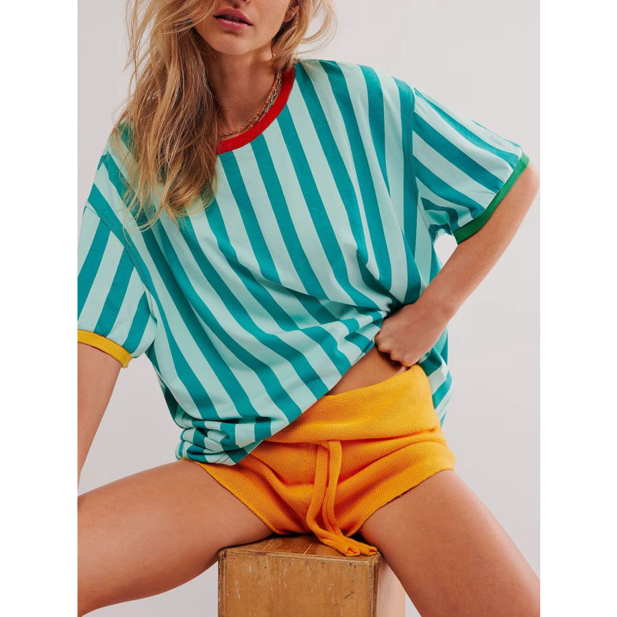 Contrast Striped Round Neck Half Sleeve T-Shirt Tiffany Blue / S Apparel and Accessories