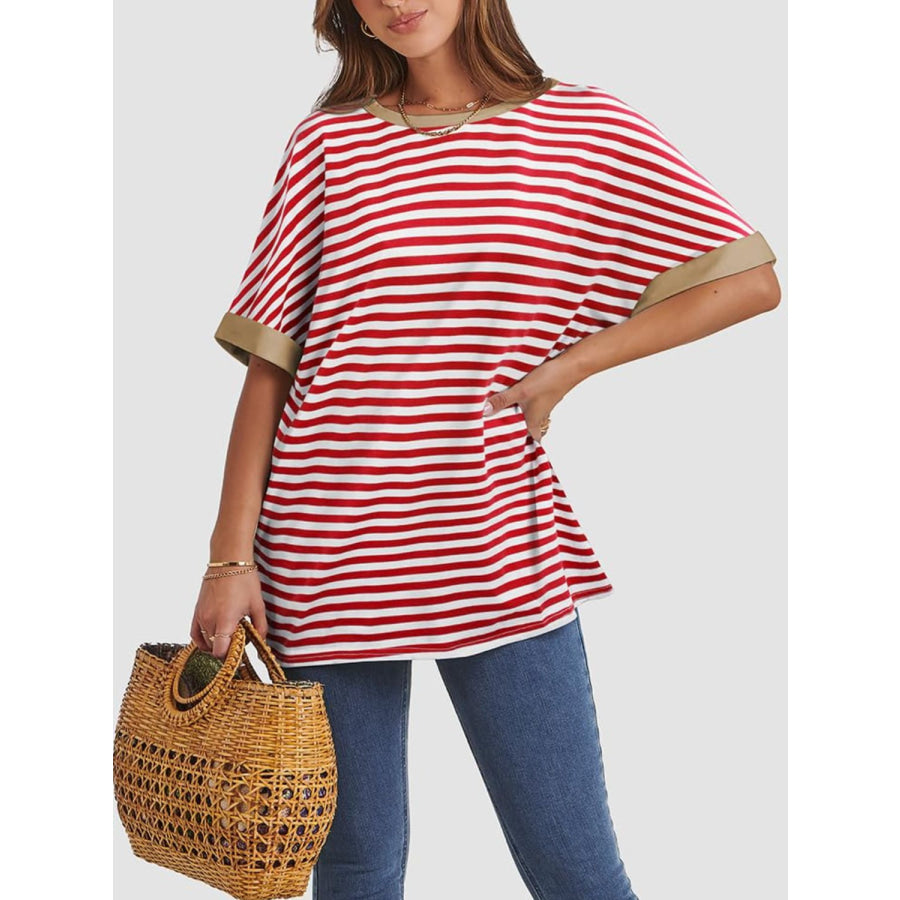 Contrast Striped Round Neck Half Sleeve T-Shirt Apparel and Accessories