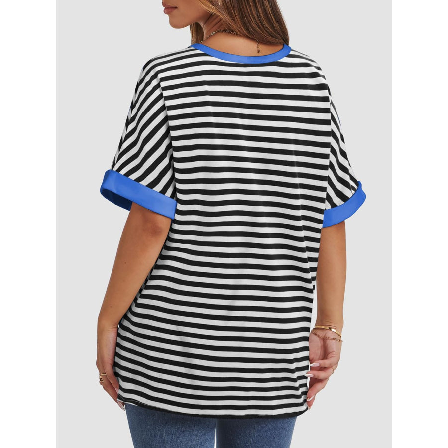 Contrast Striped Round Neck Half Sleeve T-Shirt Apparel and Accessories