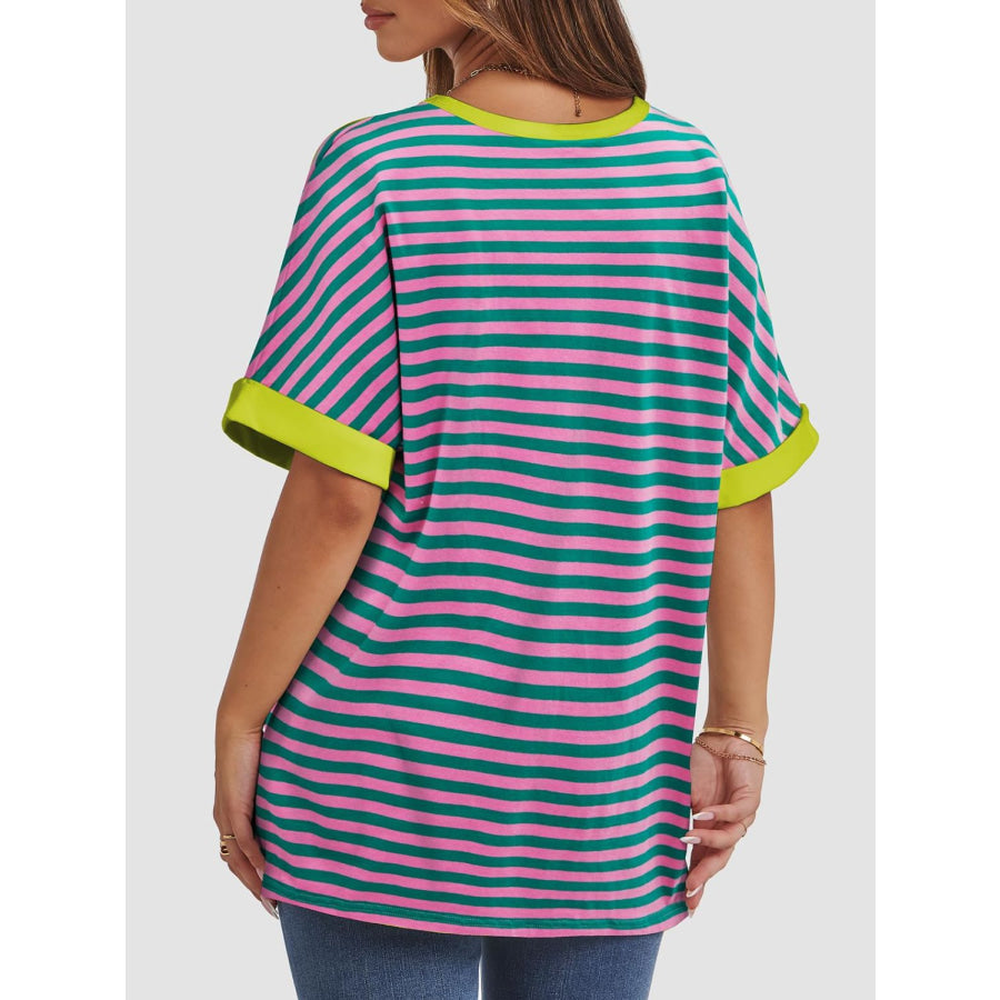 Contrast Striped Round Neck Half Sleeve T-Shirt Apparel and Accessories