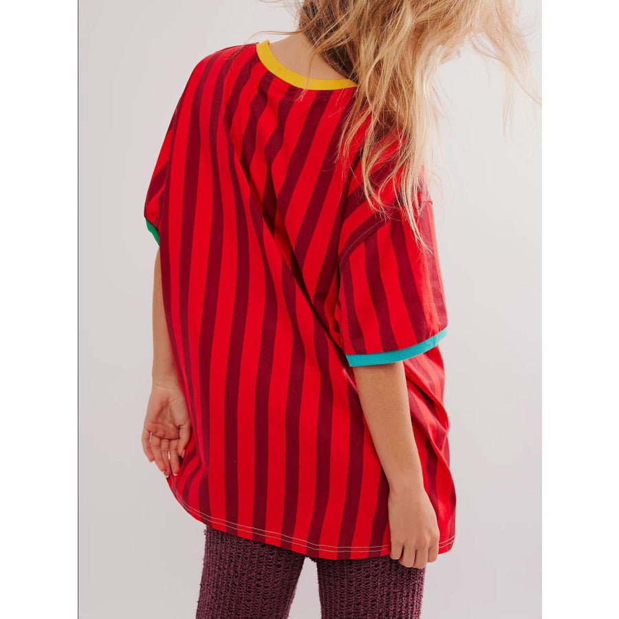 Contrast Striped Round Neck Half Sleeve T-Shirt Apparel and Accessories