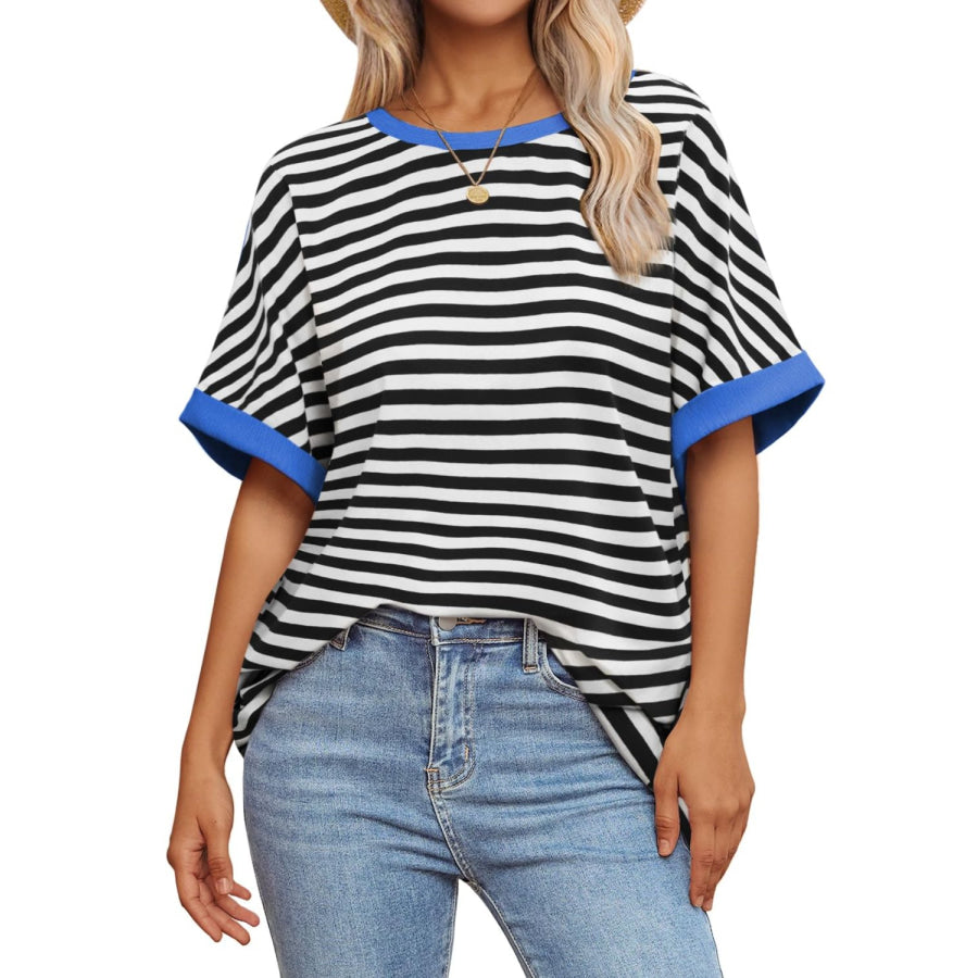 Contrast Striped Round Neck Half Sleeve T-Shirt Apparel and Accessories