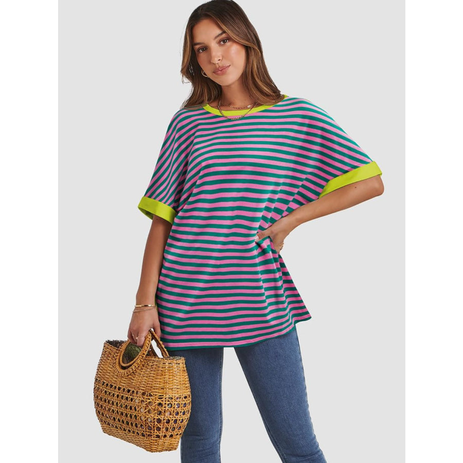 Contrast Striped Round Neck Half Sleeve T-Shirt Apparel and Accessories