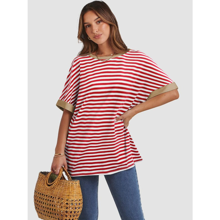 Contrast Striped Round Neck Half Sleeve T-Shirt Apparel and Accessories